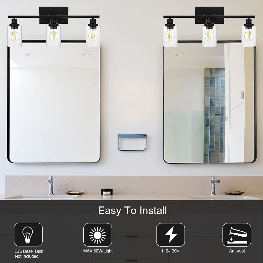 Taavita 3-Light Cylinder Bathroom Wall Lights Retro Industrial Style Glass Vanity Light