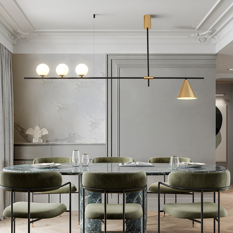 Modern Minimalist Linear Chandelier Light with Spherical White Glass Shade and 3-5 Lights