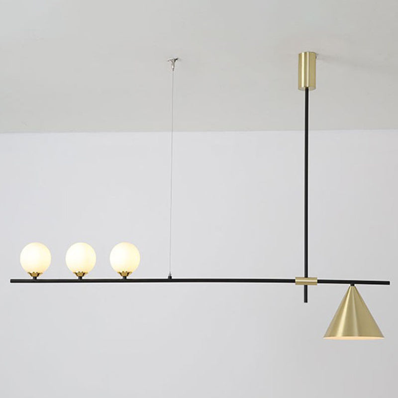 Modern Minimalist Linear Chandelier Light with Spherical White Glass Shade and 3-5 Lights