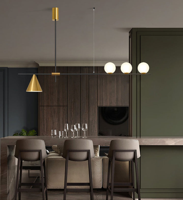 Modern Minimalist Linear Chandelier Light with Spherical White Glass Shade and 3-5 Lights