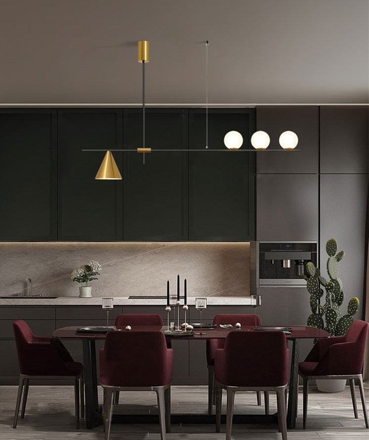 Modern Minimalist Linear Chandelier Light with Spherical White Glass Shade and 3-5 Lights