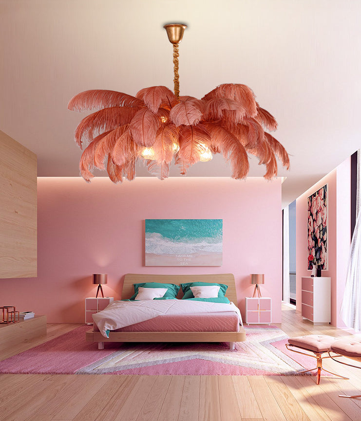 Taavita Feather Ceiling Chandelier Modern Nordic Creative 6 Light Hanging Ceiling Light for Bedroom
