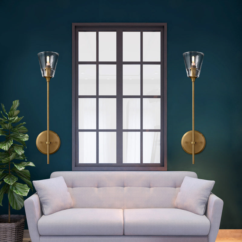 Taavita Finish Pencil Arm Wall Sconce Vintage Metallic Lamp Wall Light with Clear, Tapered Glass Shade, 110V-120V 220V-240V, Colonial Style, Made of Metal, LED/Bulb/Fluorescent, Direct Wire Electric.