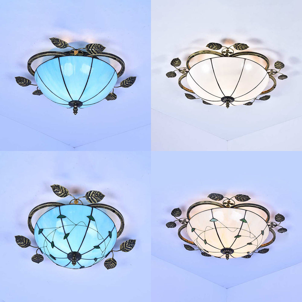 Taavita Flushmount Light Tiffany Stained Glass Semi-Flush Mount Ceiling Fixture with Leaf Decoration in White/Green-White/Blue-Blue-Green, 3 Bulbs