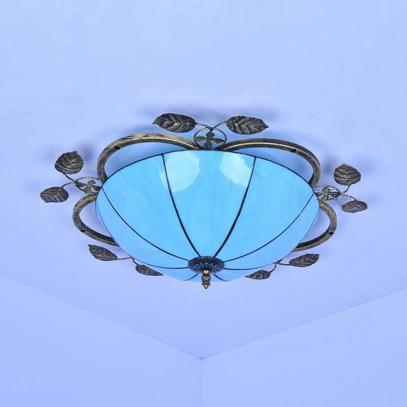 Taavita Flushmount Light Tiffany Stained Glass Semi-Flush Mount Ceiling Fixture with Leaf Decoration in White/Green-White/Blue-Blue-Green, 3 Bulbs