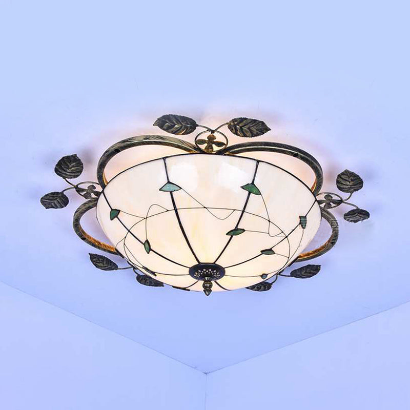 Taavita Flushmount Light Tiffany Stained Glass Semi-Flush Mount Ceiling Fixture with Leaf Decoration in White/Green-White/Blue-Blue-Green, 3 Bulbs