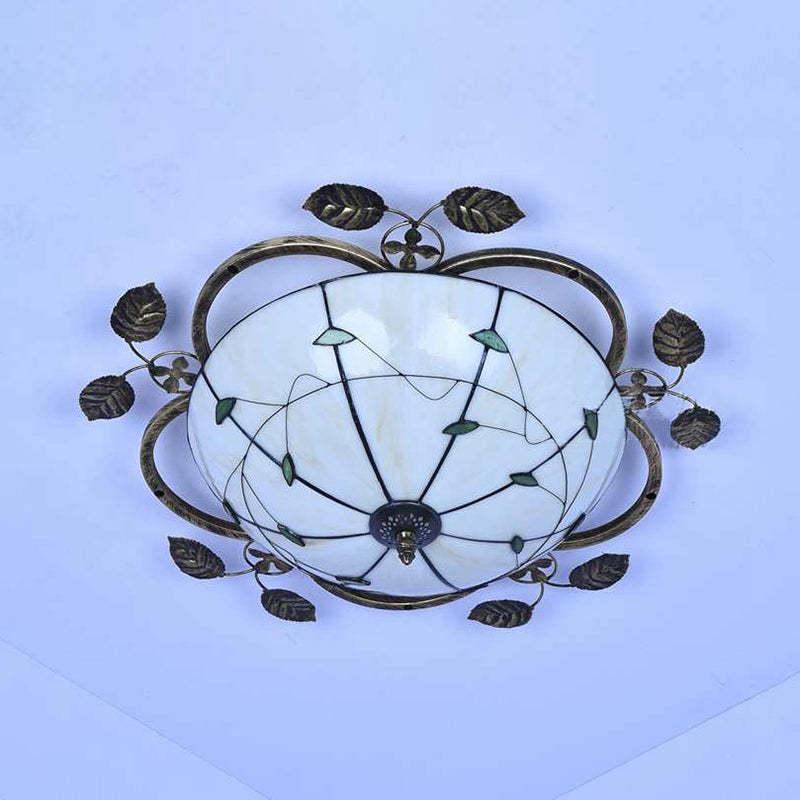 Taavita Flushmount Light Tiffany Stained Glass Semi-Flush Mount Ceiling Fixture with Leaf Decoration in White/Green-White/Blue-Blue-Green, 3 Bulbs