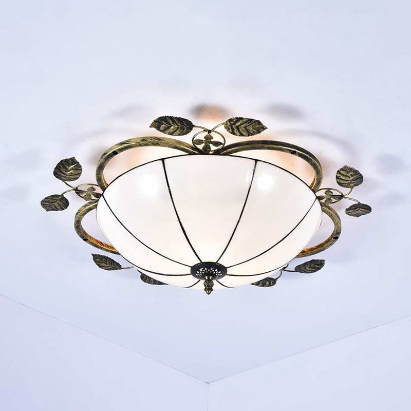Bowl Flushmount Light Tiffany Stained Glass 3 Bulbs Flush Mount Ceiling Fixture with Leaf Decoration in White/Blue/Green-White/Blue-Green Green-White Clearhalo 'Ceiling Lights' 'Close To Ceiling Lights' 'Close to ceiling' 'Glass shade' 'Glass' 'Semi-flushmount' 'Tiffany close to ceiling' 'Tiffany' Lighting' 26480