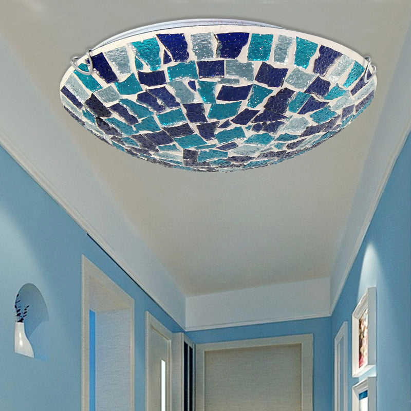 Tiffany Style 12"/16" W Round Ceiling Light Fixture Stained Glass 1 Bulb Flush Mount Ceiling Light with Shell Decor in Blue/Sky Blue Clearhalo 'Ceiling Lights' 'Close To Ceiling Lights' 'Close to ceiling' 'Flush mount' Lighting' 26929