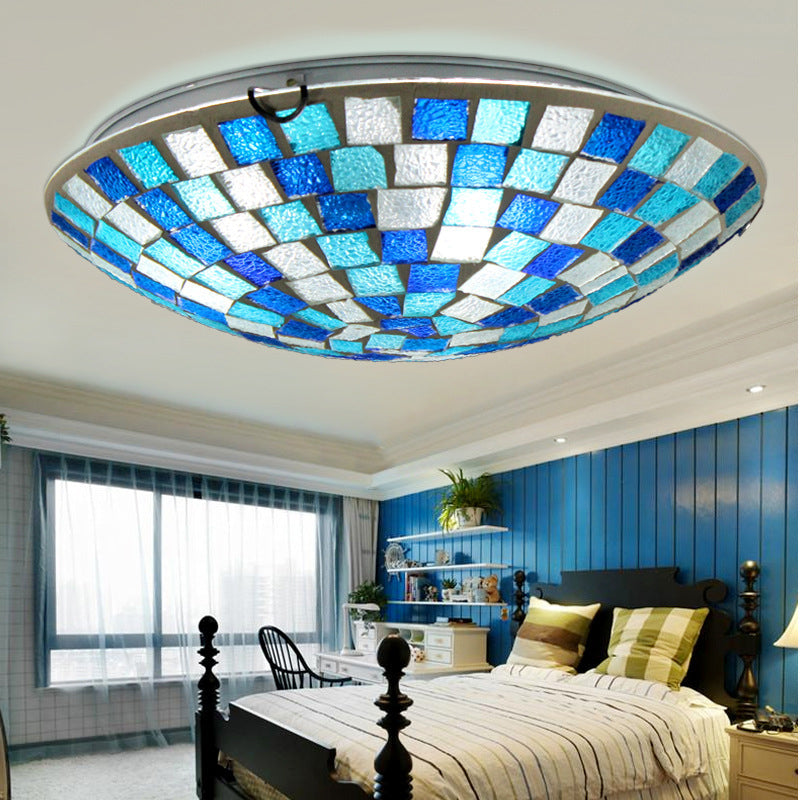 Tiffany Style 12"/16" W Round Ceiling Light Fixture Stained Glass 1 Bulb Flush Mount Ceiling Light with Shell Decor in Blue/Sky Blue Clearhalo 'Ceiling Lights' 'Close To Ceiling Lights' 'Close to ceiling' 'Flush mount' Lighting' 26933