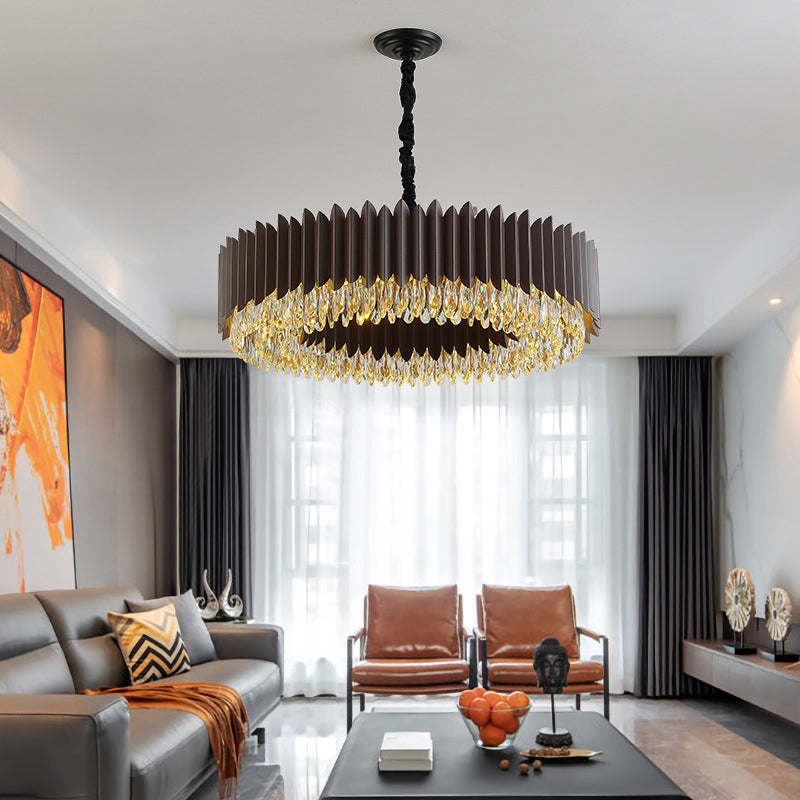 Taavita Teardrop Crystal Round Hanging Chandelier LED Ceiling Pendant in Black for Postmodern Living Room