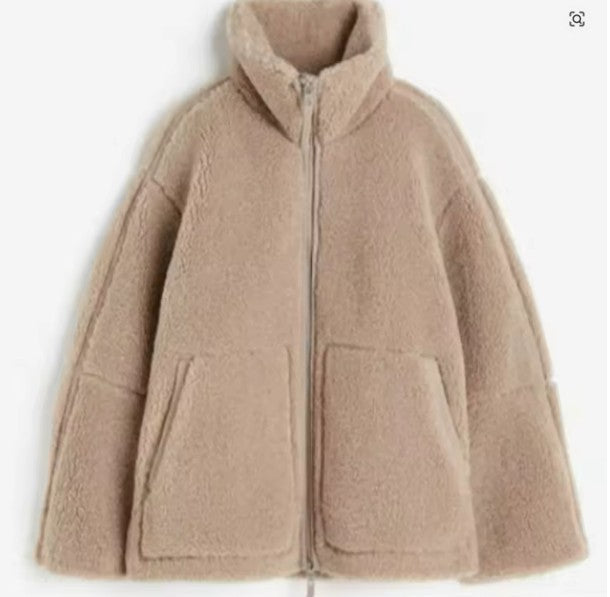 Women’s Oversized Wool Jacket | Fleece Warmth & Stand-Up Collar | Zipper Closure | Comfortable Fit for Winter