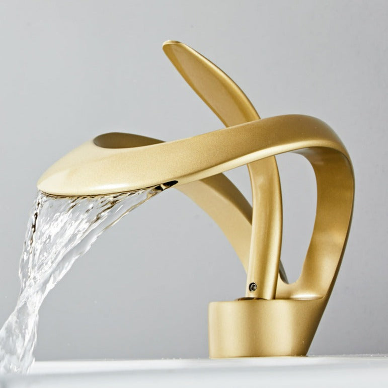 Bathroom Faucet | Waterfall Spout & Curved Loop Design | Solid Brass & Brushed Gold Finish | Easy Single-Handle Control