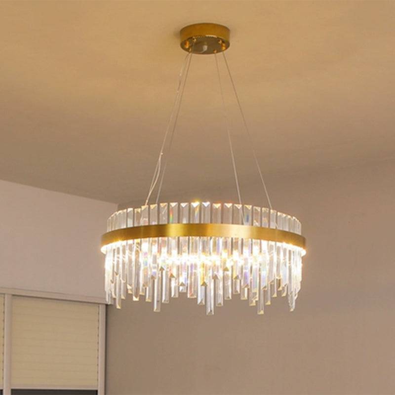 16"/19.5" Wide LED Hanging Ceiling Light Postmodern Circle Crystal Rod Chandelier in Gold