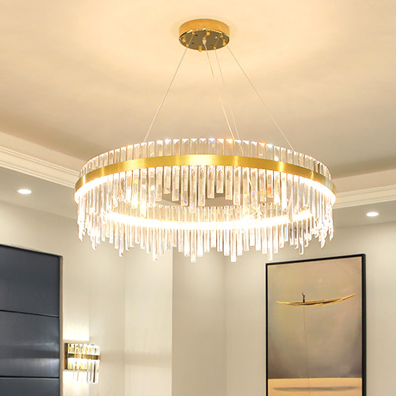 16"/19.5" Wide LED Hanging Ceiling Light Postmodern Circle Crystal Rod Chandelier Light in Gold Clearhalo 'Ceiling Lights' 'Chandeliers' Lighting' options 284071