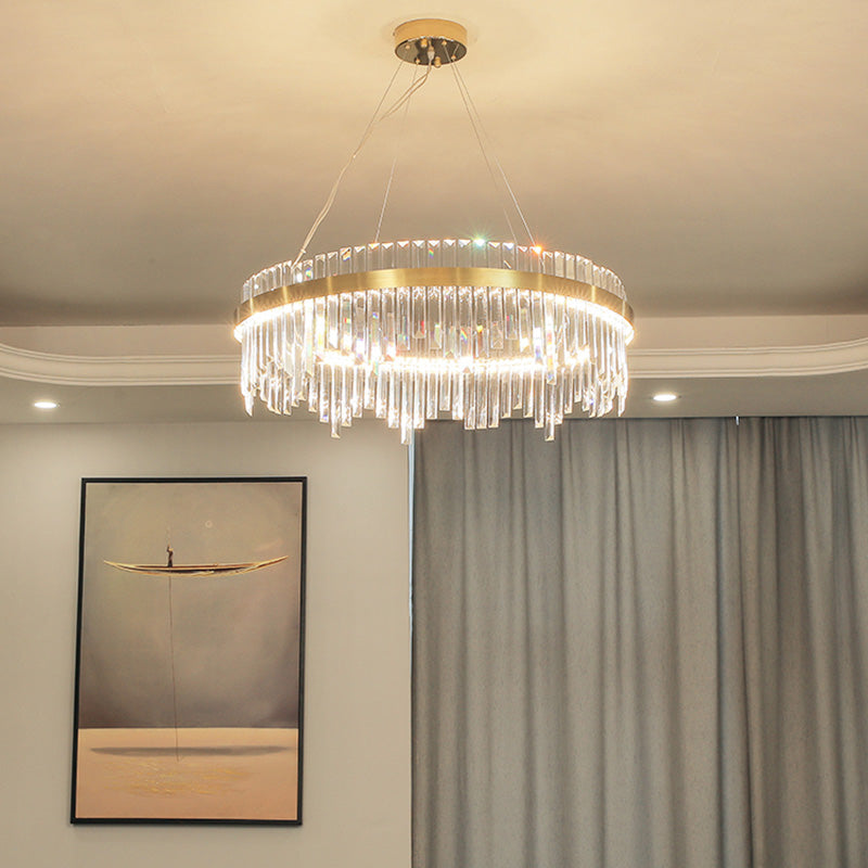 16"/19.5" Wide LED Hanging Ceiling Light Postmodern Circle Crystal Rod Chandelier in Gold
