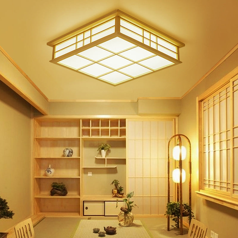 Taavita Square Grille Flush Mount Ceiling Lamp in Japanese Style LED Beige Lighting with Warm/White Light