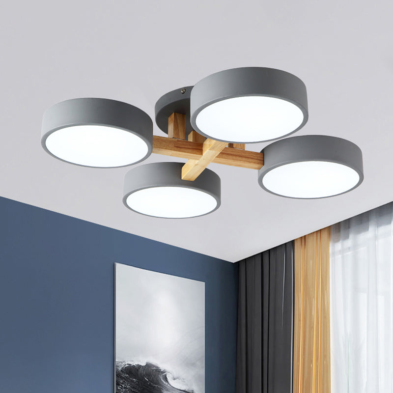 Circular Semi Flush Mount Macaron Metal 4 Heads 21"/24.5" Wide Grey/Green Ceiling Light Fixture with Acrylic Diffuser Clearhalo 'Ceiling Lights' 'Close To Ceiling Lights' 'Close to ceiling' 'Semi-flushmount' Lighting' 290390