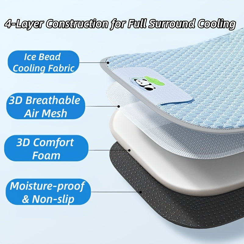 Dog Cooling Mat with Ice Bead Texture Fabric, Featuring Gray Piping Edges and an Adorable Panda Hugging a for Lotus Leaf Pattern Printed Underneath. Specially Designed for Pets During Summer. This Cooling Pad Serves as a Summer Cooling Sleeping Mat