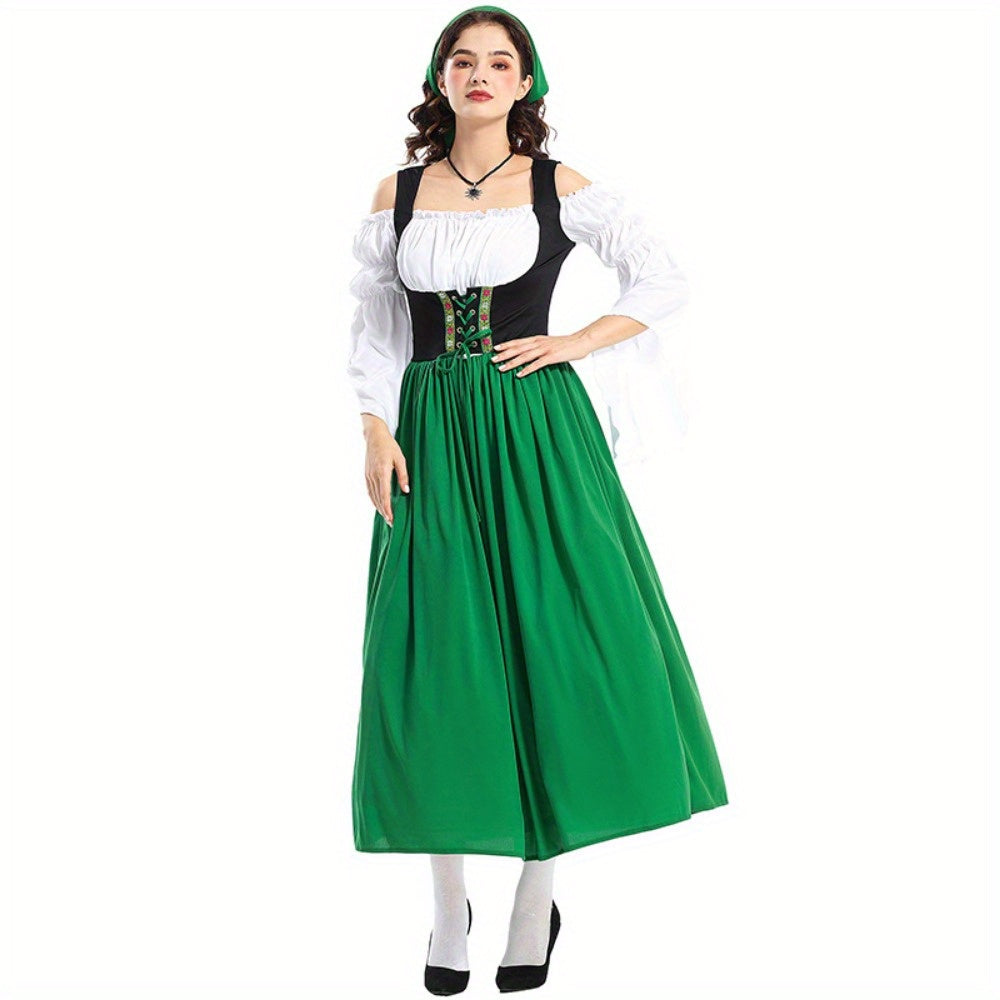 Women's Oktoberfest Dirndl Dress Set with Corset Bodice and Puff Sleeve Blouse