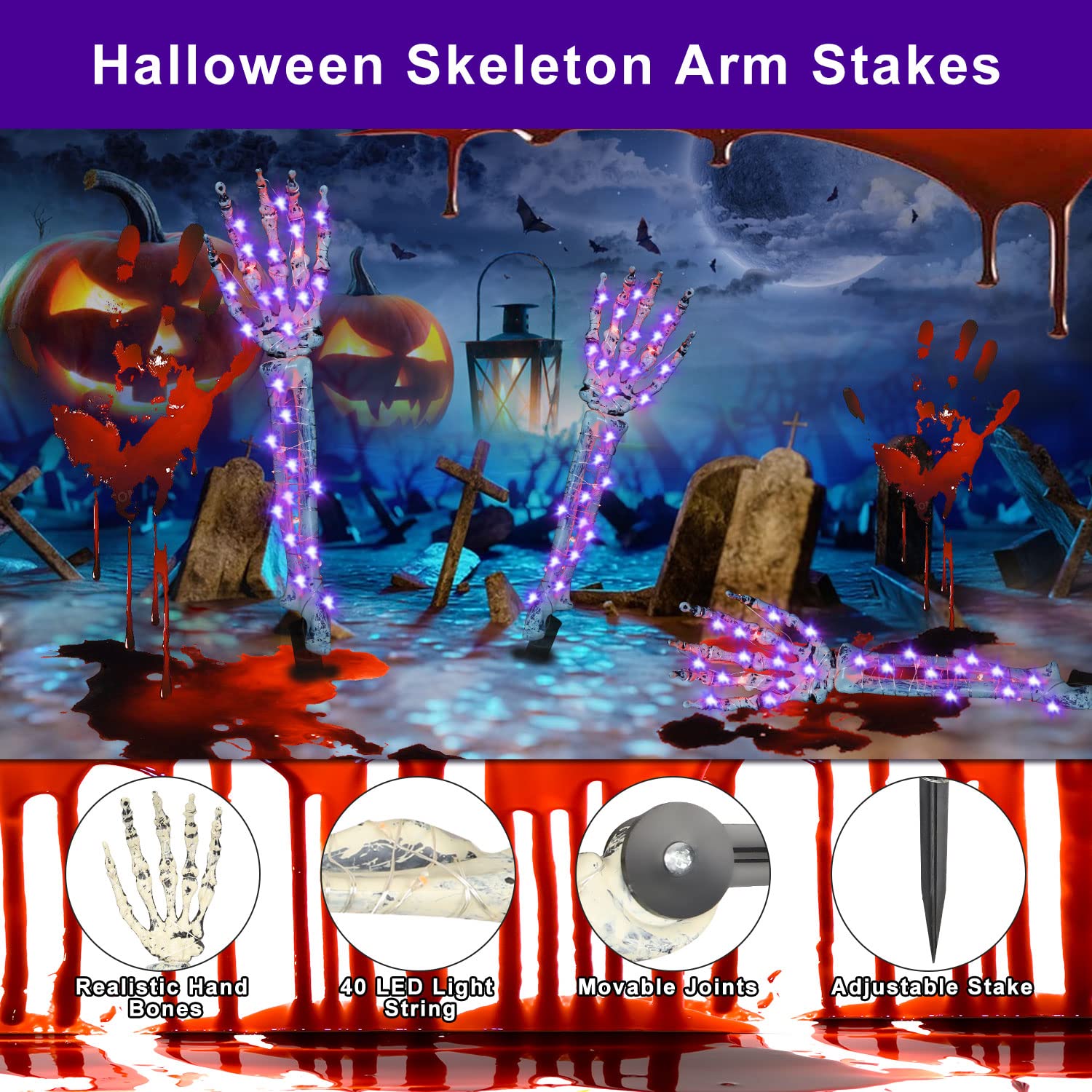 Glowing Halloween Skeleton Arm Stakes with Orange LED Lights