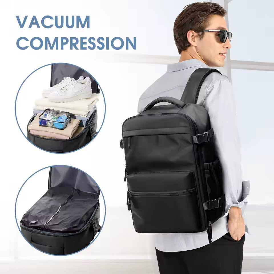 Water-Repellent Oxford Travel Backpack with Vacuum Compression for 17" Laptop and USB Pump