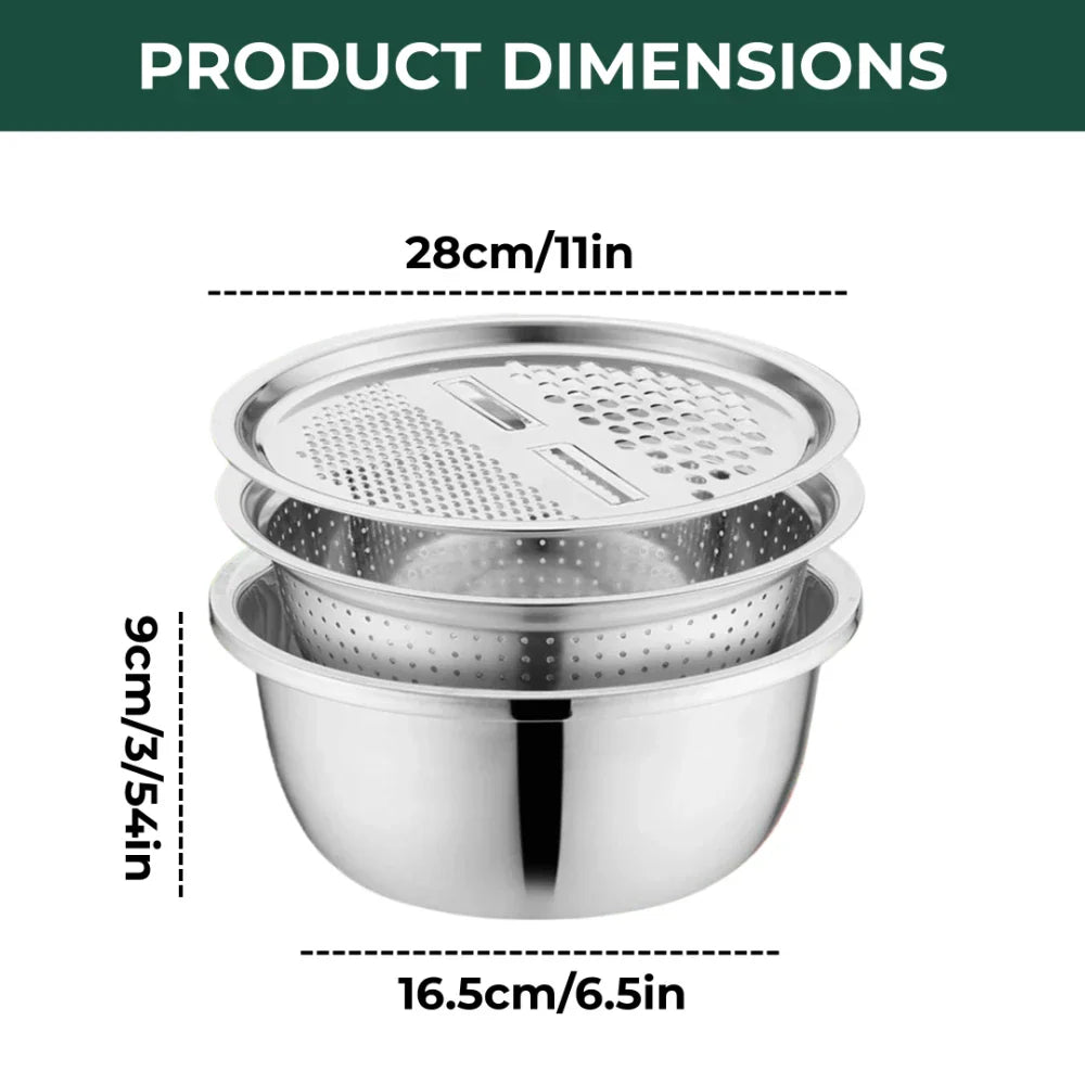 3-in-1 Grater, Sieve, and Stainless Steel Mixing Bowls Set