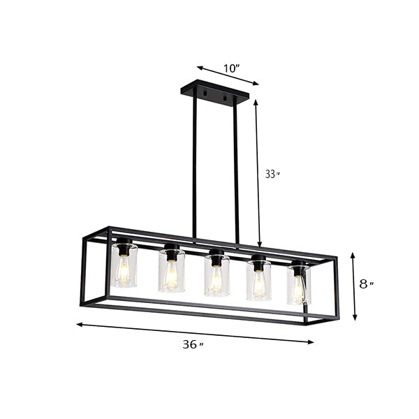 Taavita Clear Glass Cylinder Shade Industrial Pendant Lamp with Rectangle Frame in Black - 3/5 Lights Dinette Up/Down Island Lighting
