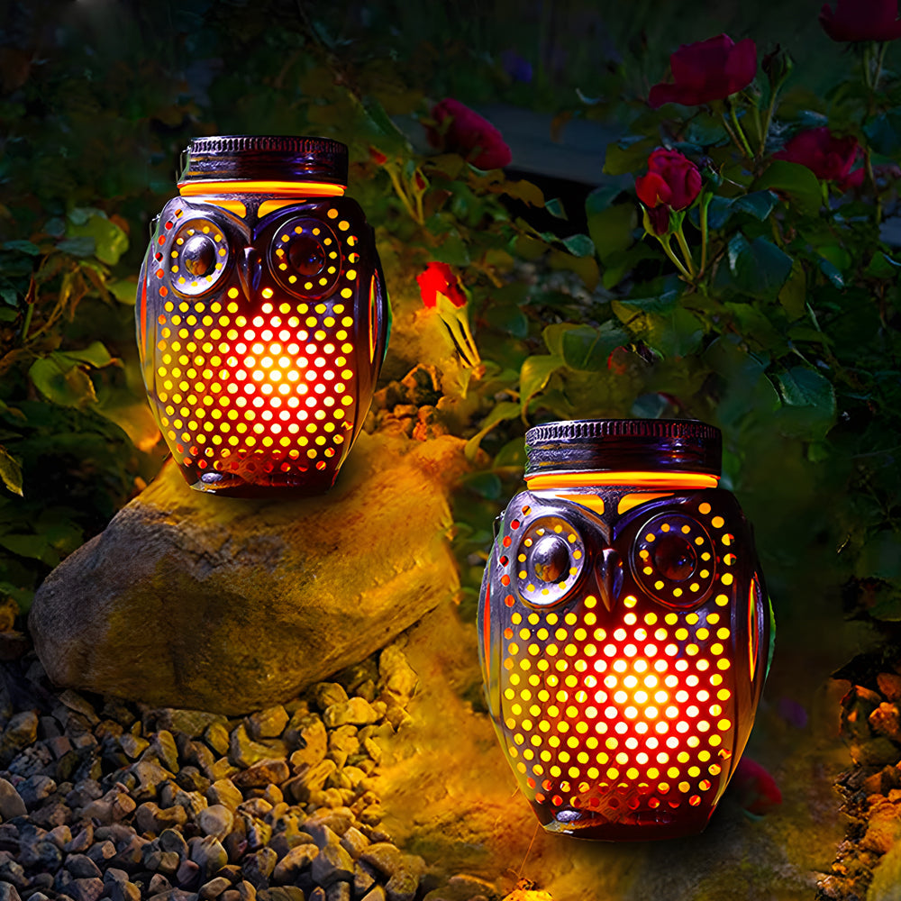 2-Pack Solar Lanterns Flickering Flame Metallic Owl Stake Solar Lights Garden Landscape Lights for Outdoor Decor - Dazuma