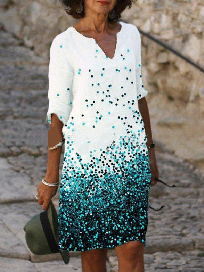 Women's Knee-Length Dress | Timeless V-Neck & 3/4 Sleeves | Polyester Fiber | All-Day Comfort