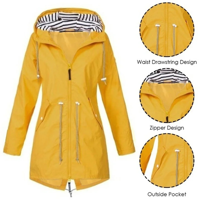 Women’s Waterproof Hooded Trench Coat | Adjustable Waist Drawstring | Zipper & Exterior Pockets | Windproof Protection