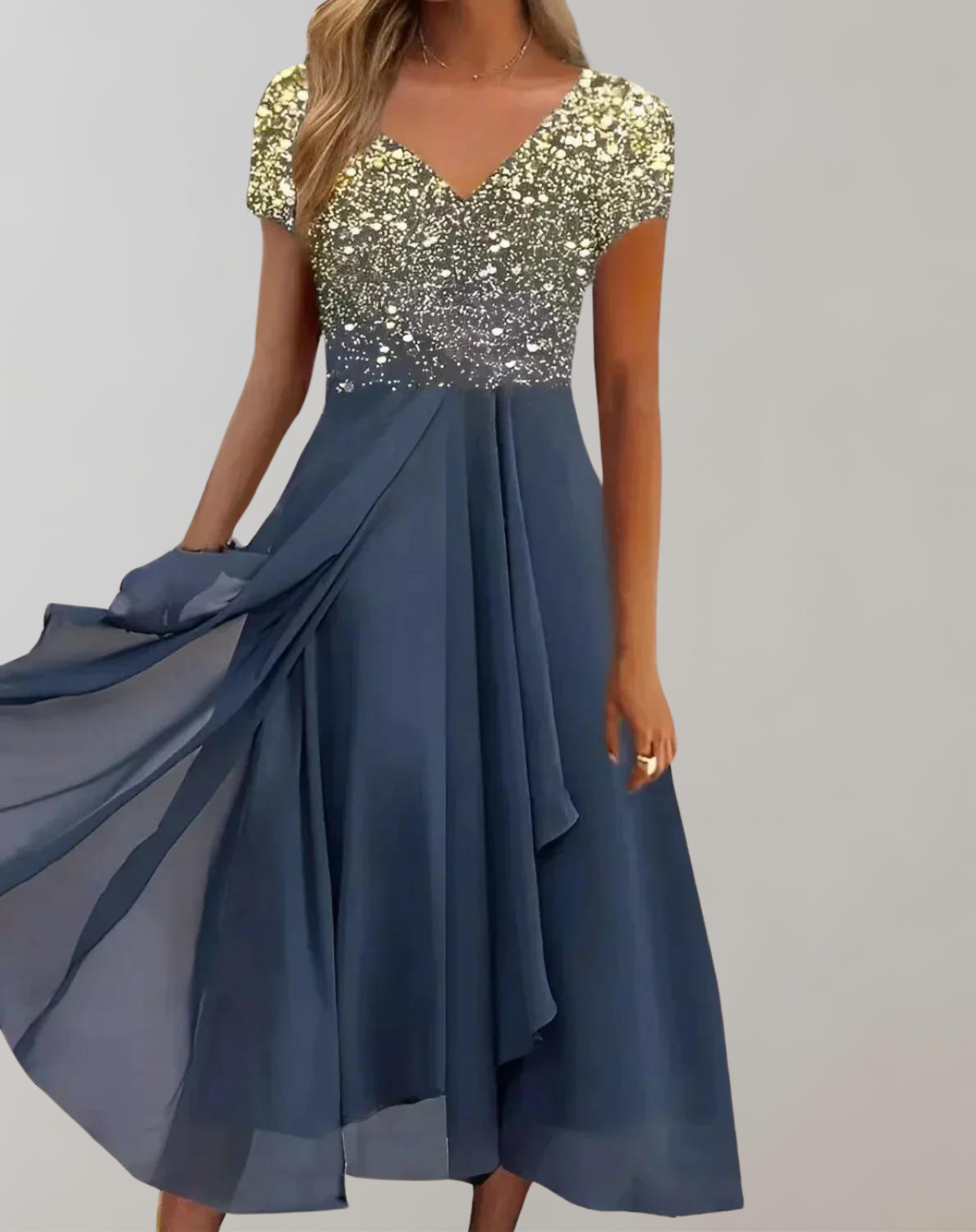 Women’s Evening Gown | Shiny Embellished Bodice & Flowing Chiffon Skirt | Multiple Colors