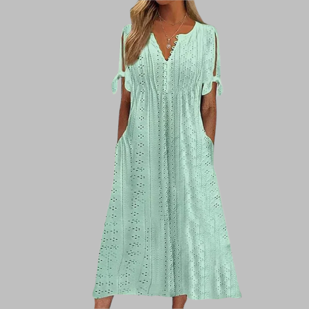 Women’s Eyelet Midi Dress | Tie-Sleeve Details & Side Pockets | Lightweight Boho Style | Comfortable Fit for Summer