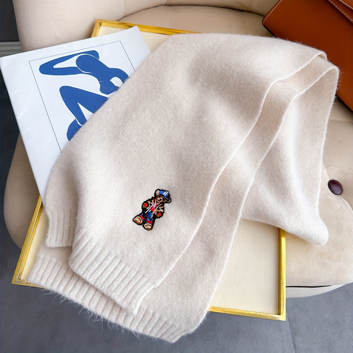 Winter Scarf | Soft Warmth | Stylish Bear Embroidery | Polyester