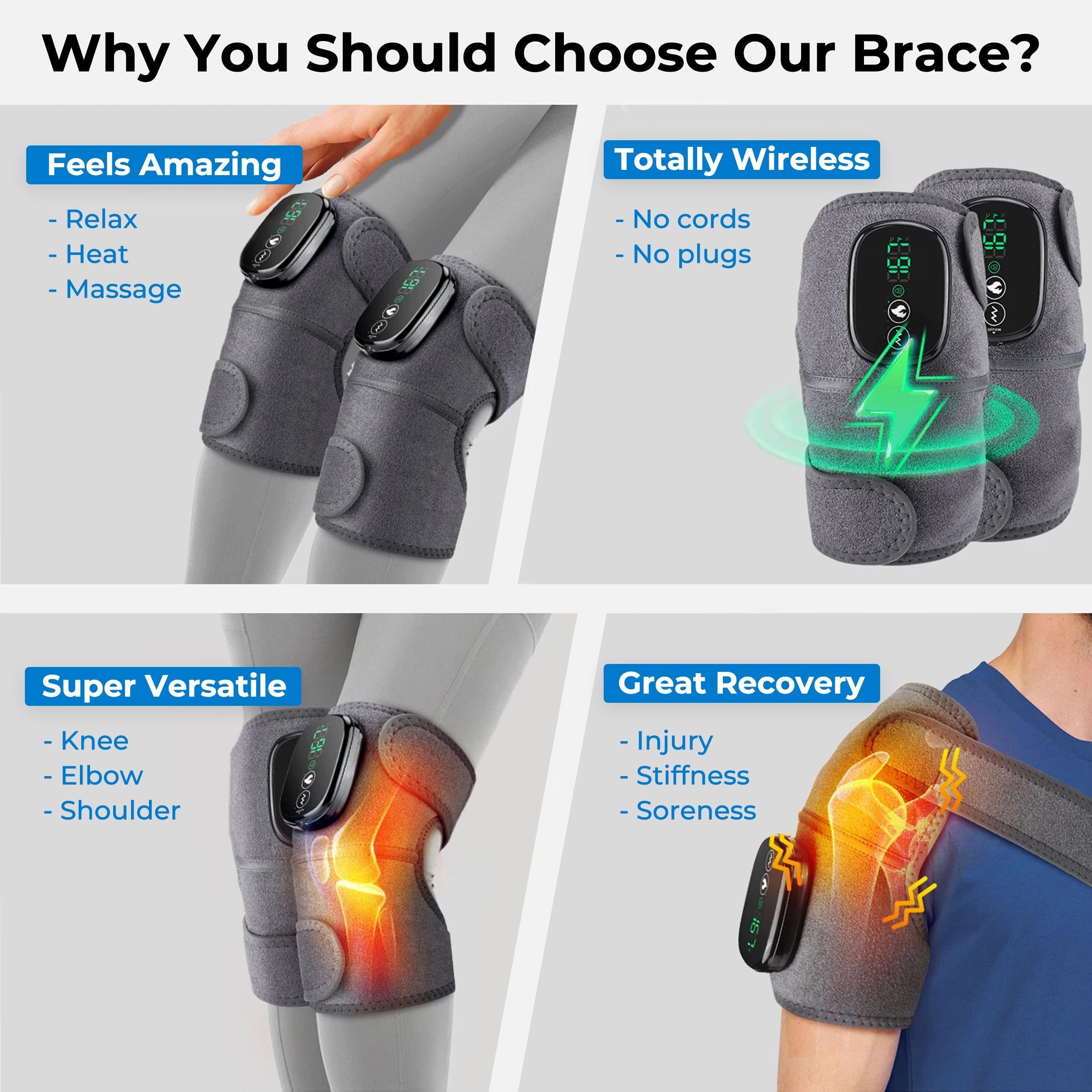 Rechargeable 3-in-1 Wireless Massager for Shoulders, Elbows & Knees with Heat and Vibration
