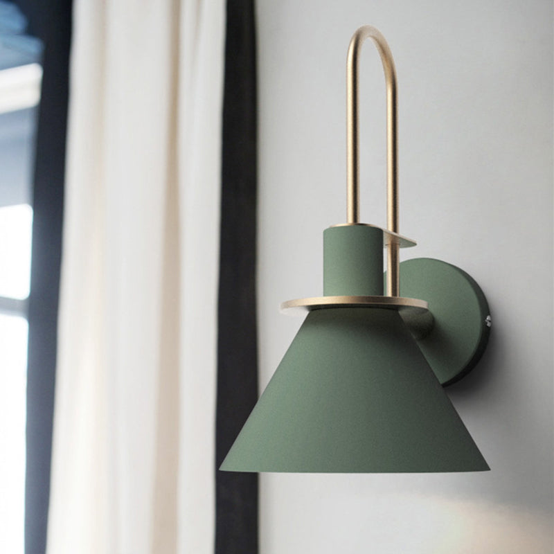 1 Light Bedside Wall Mounted Light Simple Black/White/Green Sconce Lamp with Conical Metal Shade Black Clearhalo 'Cast Iron' 'Glass' 'Industrial' 'Modern wall lights' 'Modern' 'Tiffany' 'Traditional wall lights' 'Wall Lamps & Sconces' 'Wall Lights' Lighting' 311248