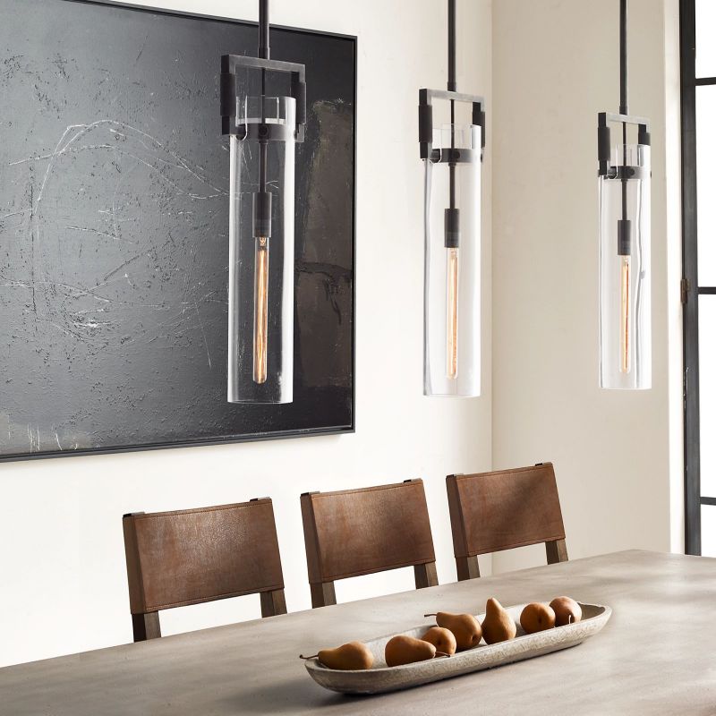 Lorian Glass Cylinder Pendant — Industrial Brass and Glass Lighting Fixture