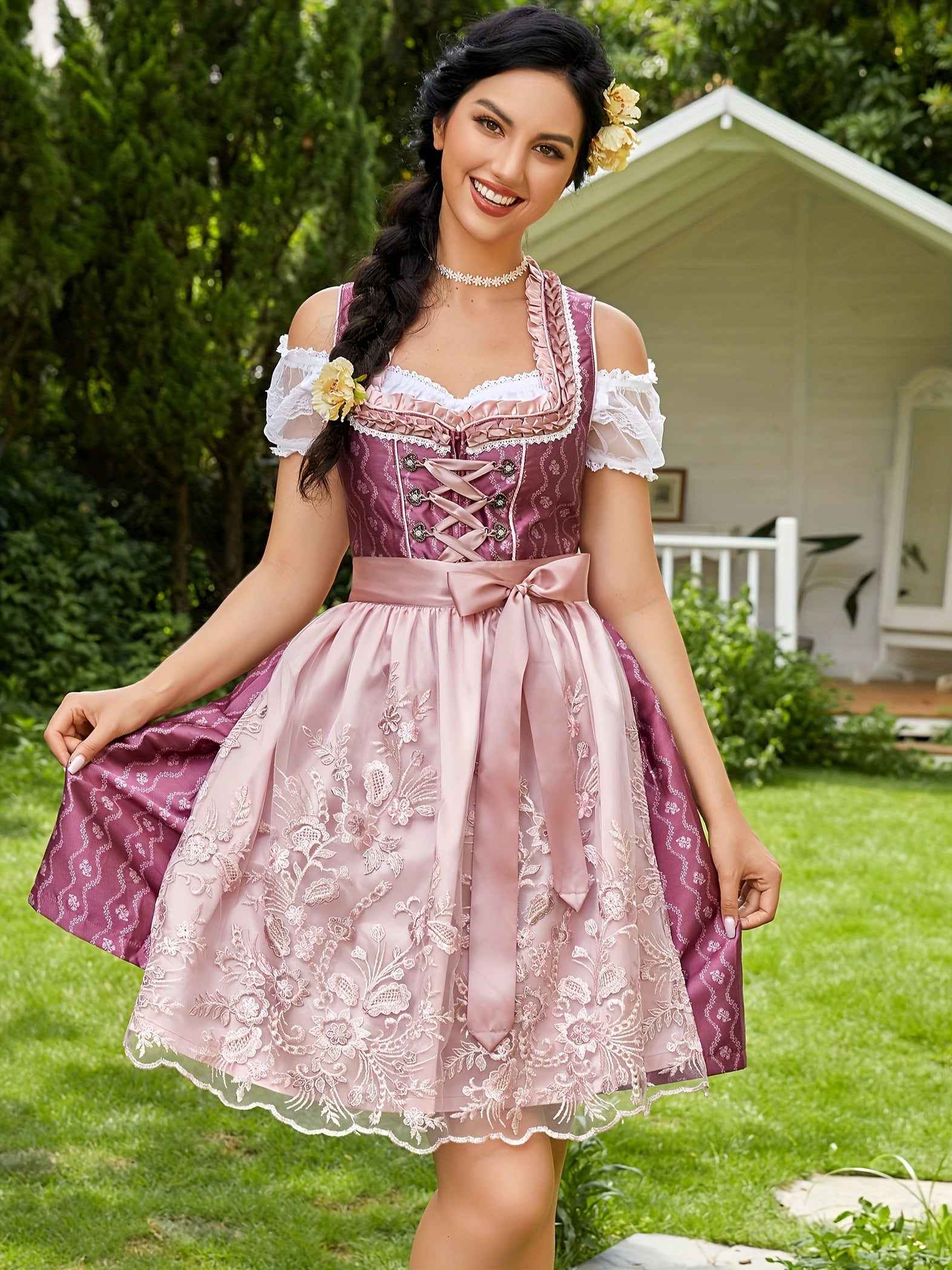 Women's Rose Red Oktoberfest Dirndl Dress Set with Embroidered Apron