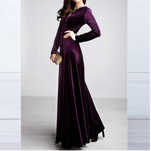 Women’s Velvet V-Neck Wrap Dress | Long Sleeve & Floor-Length | Adjustable Fit & Comfortable Design