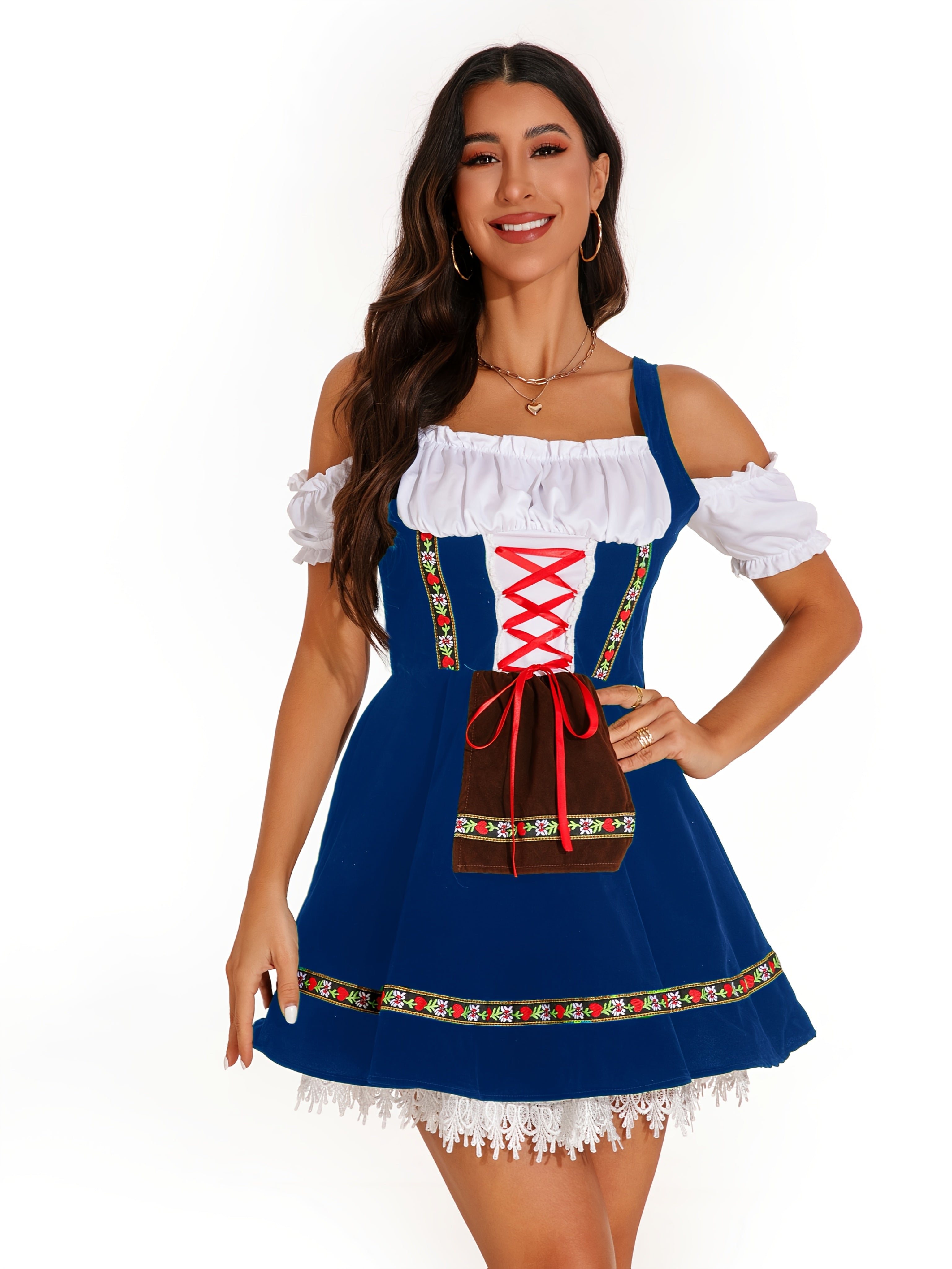 Women's Bavarian Oktoberfest Dress with Off-Shoulder Lace Trim and Floral Details