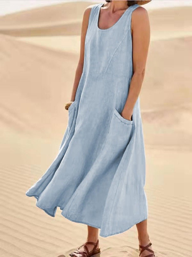 Women’s Maxi Dress | Lightweight Breathable Linen-Style | Side Pockets & Relaxed Fit | Comfortable Summer Wear