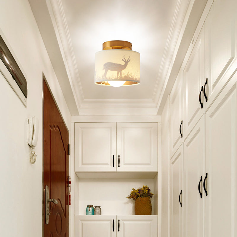 1 Bulb Fabric Cylinder Flush Mount Ceiling Light with Flower/Deer Pattern Nordic Fixture for Foyer - Modern Semi-Flush Mount Design, White