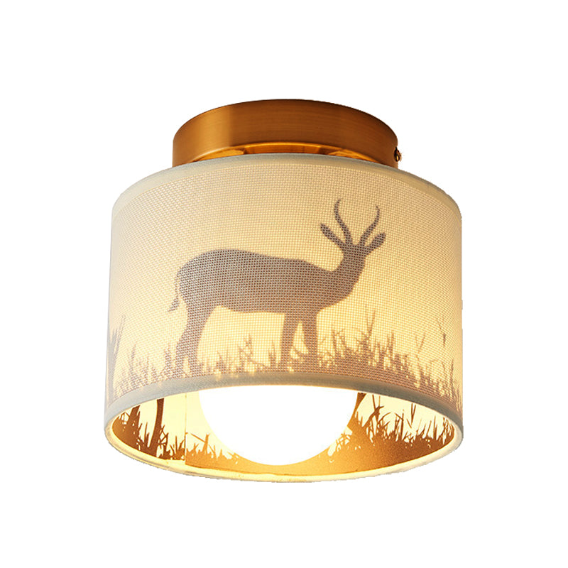 1 Bulb Fabric Cylinder Flush Mount Ceiling Light with Flower/Deer Pattern Nordic Fixture for Foyer - Modern Semi-Flush Mount Design, White