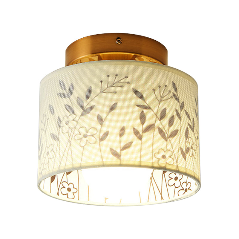 1 Bulb Fabric Cylinder Flush Mount Ceiling Light with Flower/Deer Pattern Nordic Fixture for Foyer - Modern Semi-Flush Mount Design, White