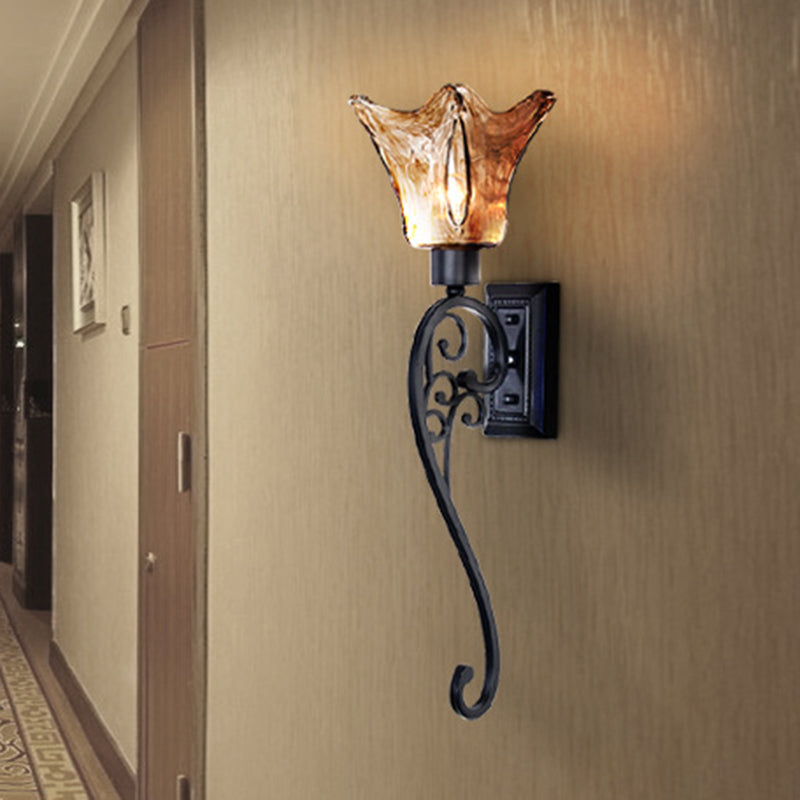 Bell Bedroom Sconce Light Retro Amber Glass Single Light LED Black Wall Mount Lighting, 15"/26" Tall Clearhalo 'Wall Lamps & Sconces' 'Wall Lights' Lighting' 331984