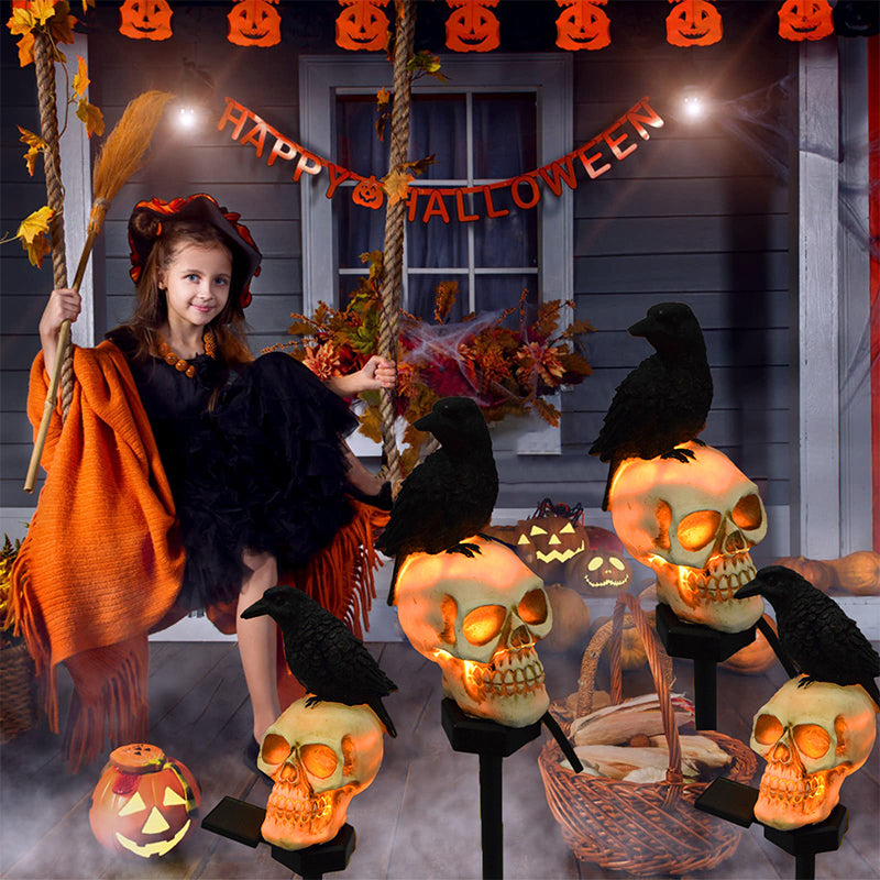 Solar-Powered Halloween Garden Skull and Crow Lights Outdoor Decor