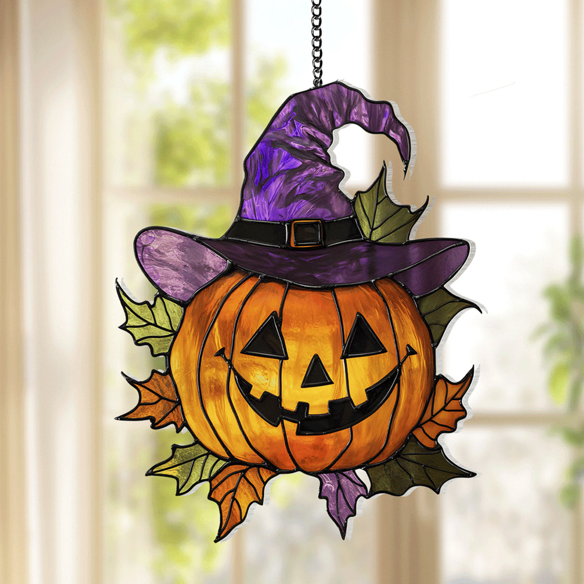 Halloween Jack-O'-Lantern Window Suncatcher with Vibrant Light Effects
