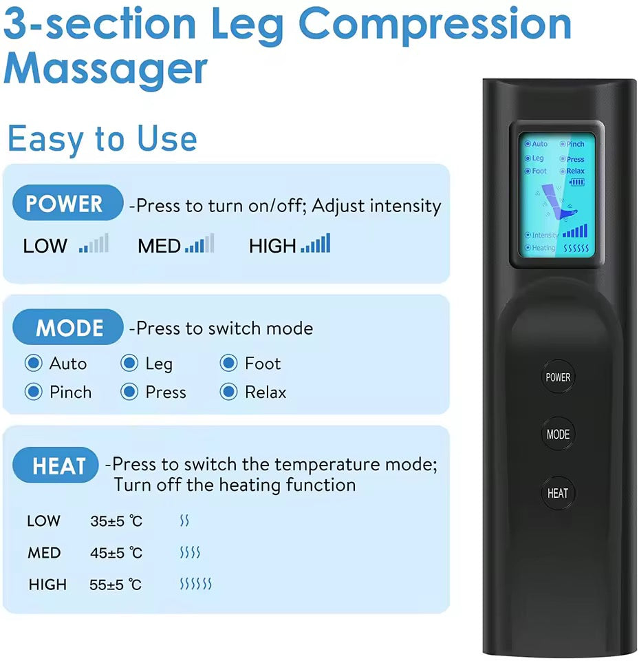 Cordless Full Leg Compression Massager with Knee Heat – 6 Modes