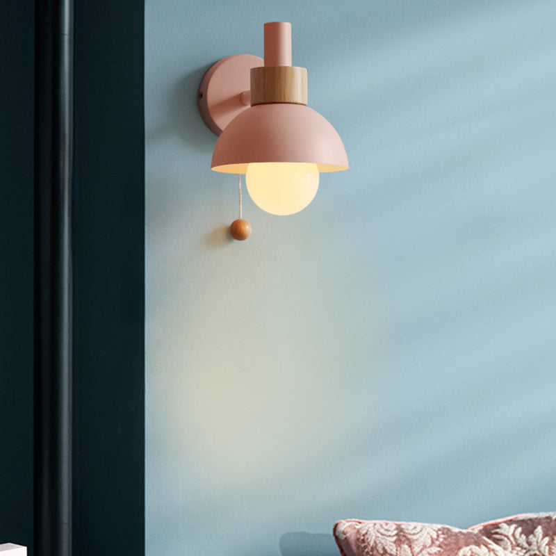 Macaron Domed Sconce Light Fixture 1 Bulb Wall Light Fixture with Metal Shade and Pull Chain in White/Pink/Green Clearhalo 'Cast Iron' 'Glass' 'Industrial' 'Modern wall lights' 'Modern' 'Tiffany' 'Traditional wall lights' 'Wall Lamps & Sconces' 'Wall Lights' Lighting' 678721