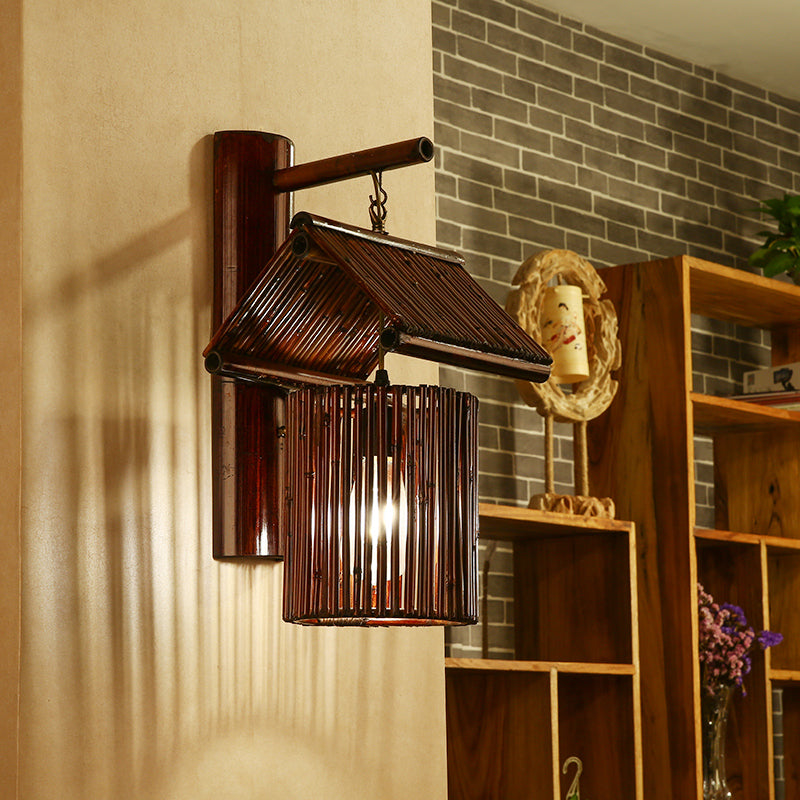1 Bulb House Sconce Light Asian Bamboo Wall Mounted Lamp in Dark Coffee/Khaki with Half-Cylinder Backplate Clearhalo 'Wall Lamps & Sconces' 'Wall Lights' Lighting' 380938